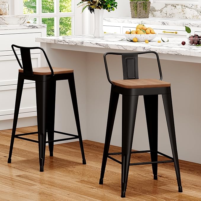 WENTMENT Metal Bar Stools Set of 2 Counter Height Barstools with Removable Back 26" Kitchen Bar Stools with Wooden Seat, Black