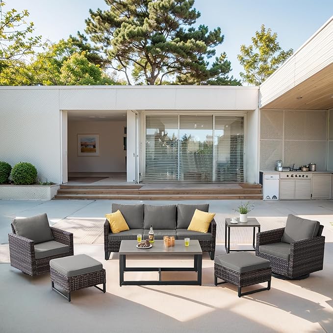 Belord 7 Piece Outdoor Furniture Patio Wicker Sofa Set, Oversize Outdoor Swivel Rocker Chairs with Rattan Ottomans, Conversation Sets Patio Furniture Come with Removable Washable