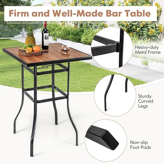 Tangkula 27.5 Inch Patio Bar Table, Outdoor Bar Height Table with 1.5" Umbrella Hole, Wooden-Like Tabletop & Heavy-Duty Metal Frame, Square Bistro High Top Table for Backyard, Balcony, Poolside