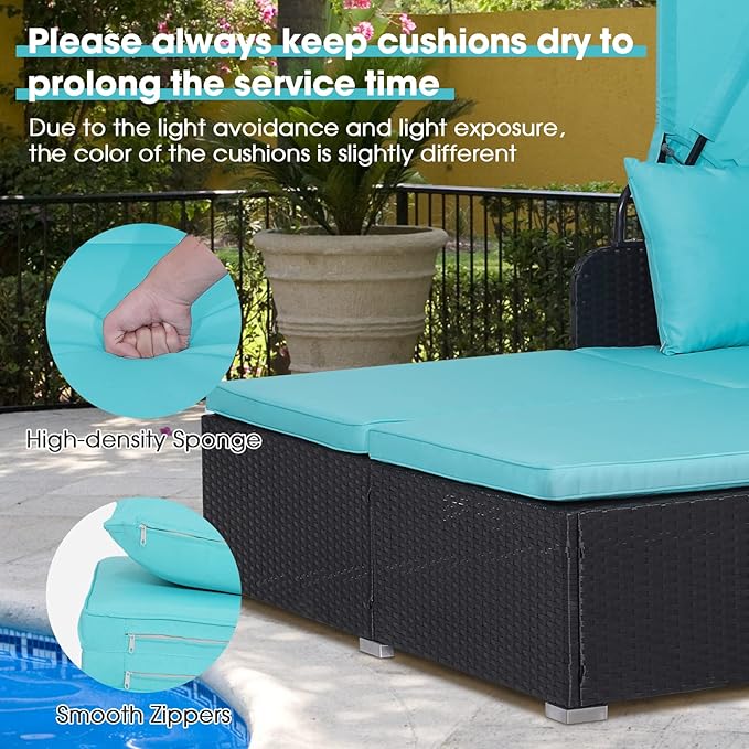 ORALNER Outdoor Daybed, 2-Person Wicker Patio Sofa with Retractable Canopy, Cushions & Pillows, 2 Side Trays, PE Rattan Double Sunbed Lounger for Deck Poolside Backyard Garden Balcony (Turquoise)
