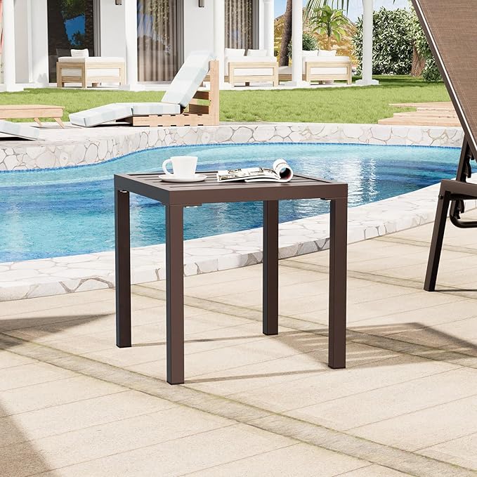 Crestlive Products Outdoor Side Table, Small Square Metal End Table Easy Assembly & Weather Resistant Pool Side Tables for Patio Balcony（Brown