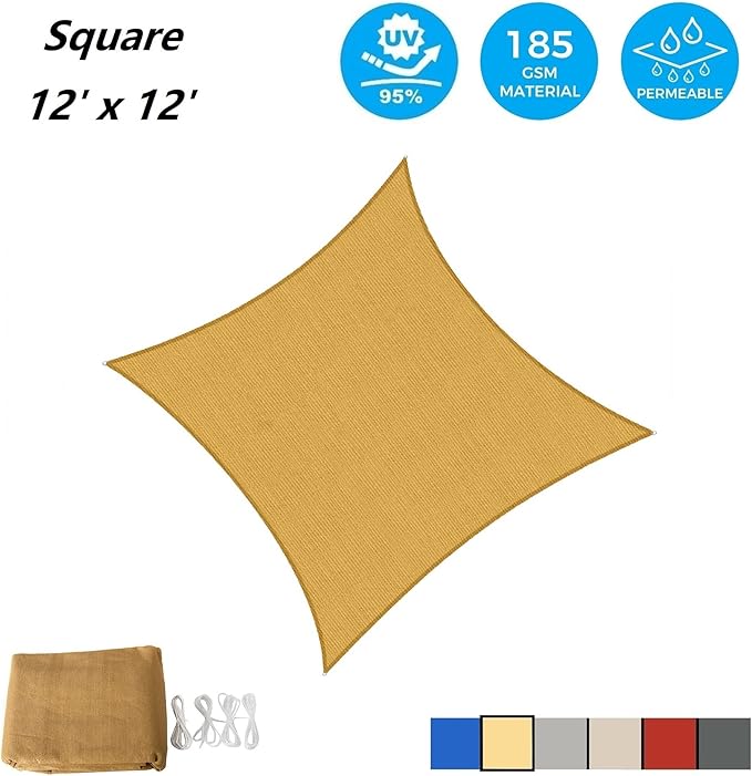 ASTEROUTDOOR Sun Shade Sail Rectangle 12' x 12' UV Block Canopy for Patio Backyard Lawn Garden Outdoor Activities, Sand
