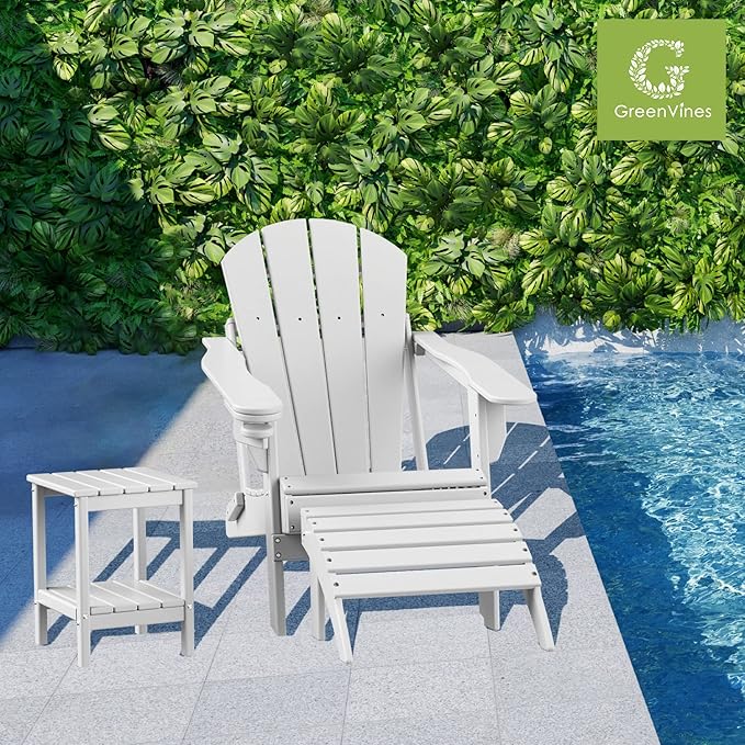 GREENVINES Adirondack-Outdoor-Side-Table | Set of 2 | 14 x 13 Inches | HDPE Plastic | All Weather | White | Outside End Tables | Storage Shelf | for Patio Porch Backyard Indoor