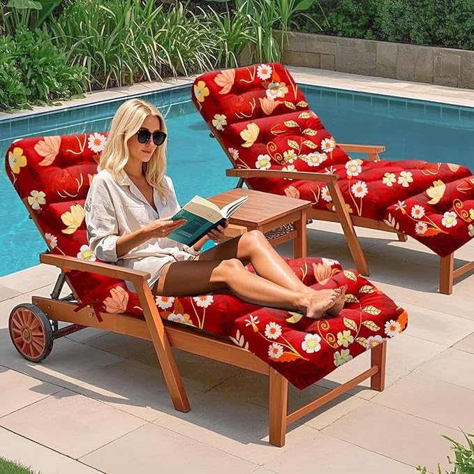 Outdoor Chaise Lounge Chair Cushion 75.1 x 22.8 x 4.7 Inches 100% Waterproof Replacement Cotton Patio Pool Lounge Chair Cushion for Outdoor Furniture with Ties, Red Peony