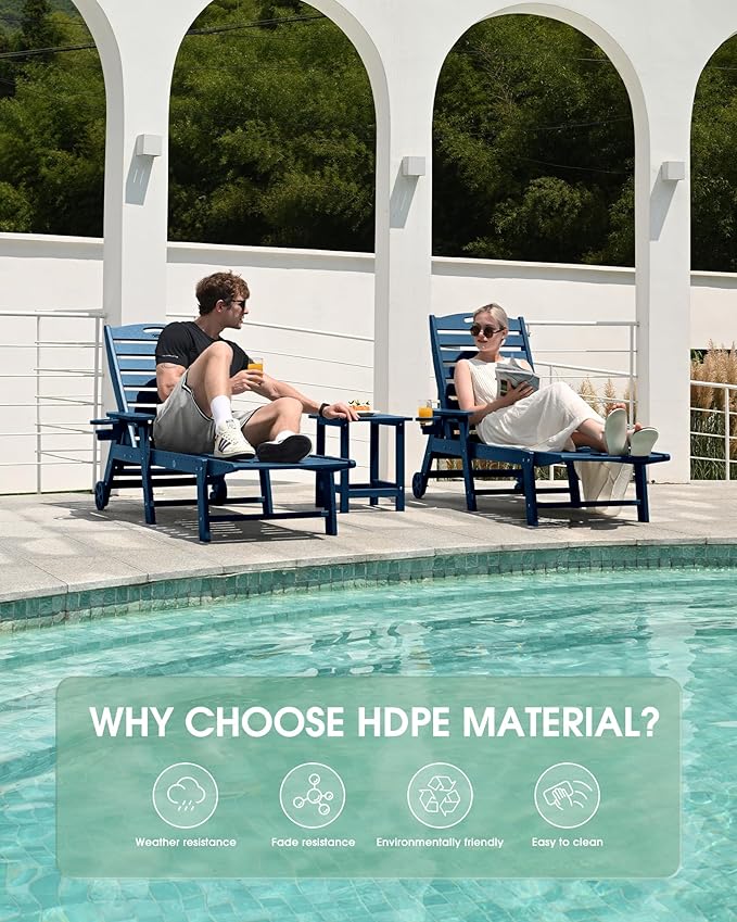 Lounge Chair Outdoor Set of 2, HDPE Chaise Lounge Outdoor, Pool Lounge Chair for Pool Poolside Deck Backyard Patio, Navy Blue
