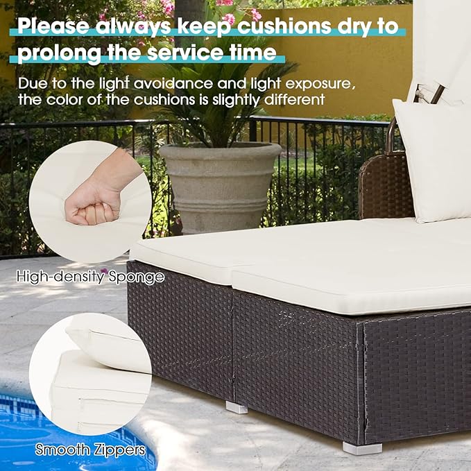ORALNER Outdoor Daybed, 2-Person Wicker Patio Sofa with Retractable Canopy, Cushions & Pillows, 2 Side Trays, PE Rattan Double Sunbed Lounger for Deck Poolside Backyard Garden Balcony (Off-White)