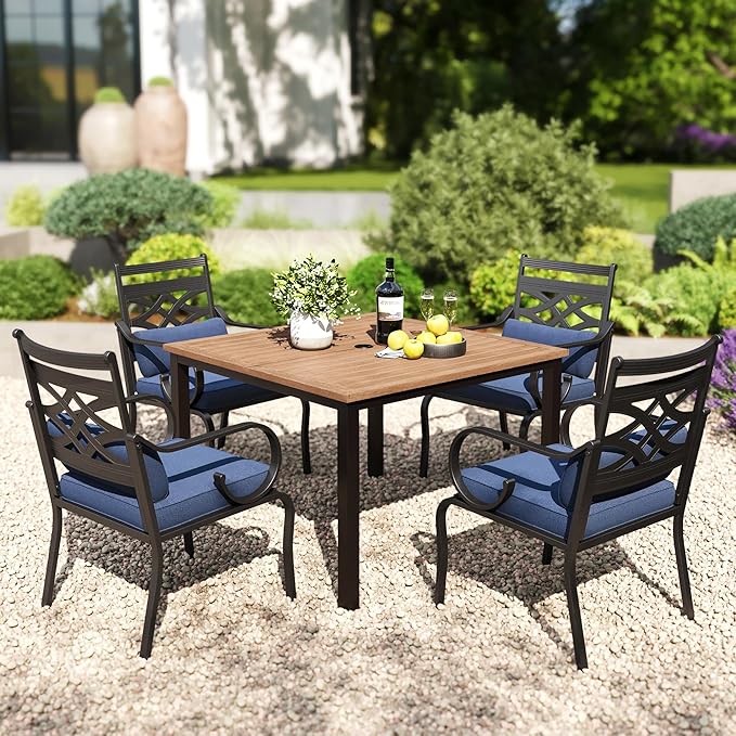 PHI VILLA 5 Pieces Outdoor Dining Set for 4, 42" Square Brown Metal Table with Umbrella Hole & Wrought Iron Chairs, All Weather Outside Furniture with Blue Cushions & Pillows for Patio, Deck, Porch