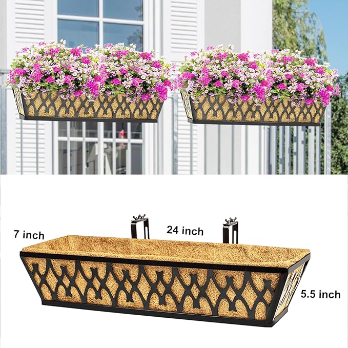 4 Pack 24 Inch Window Boxes Planters for Outdoor Plants Railing Planter Box with Adjustable Brackets for Windowsill Porch Fence Patio Hanging Flower Coco Baskets for Outside Decoration - Black
