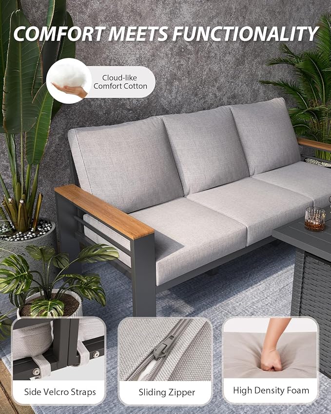 Aoxun Aluminum Outdoor Patio Furniture Set, 6-Piece Outdoor Sectional with 44'' Propane Gas Firepit Table, Patio Conversation Sets with Upgraded Armrests and Cushions for Backyard (Grey,5 Seats)