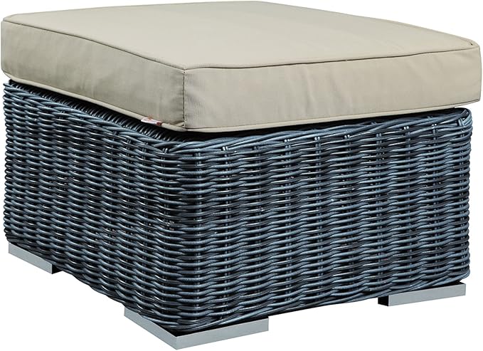Modway Summon Wicker Rattan Outdoor Patio Sunbrella Square Ottoman in Canvas Antique Beige