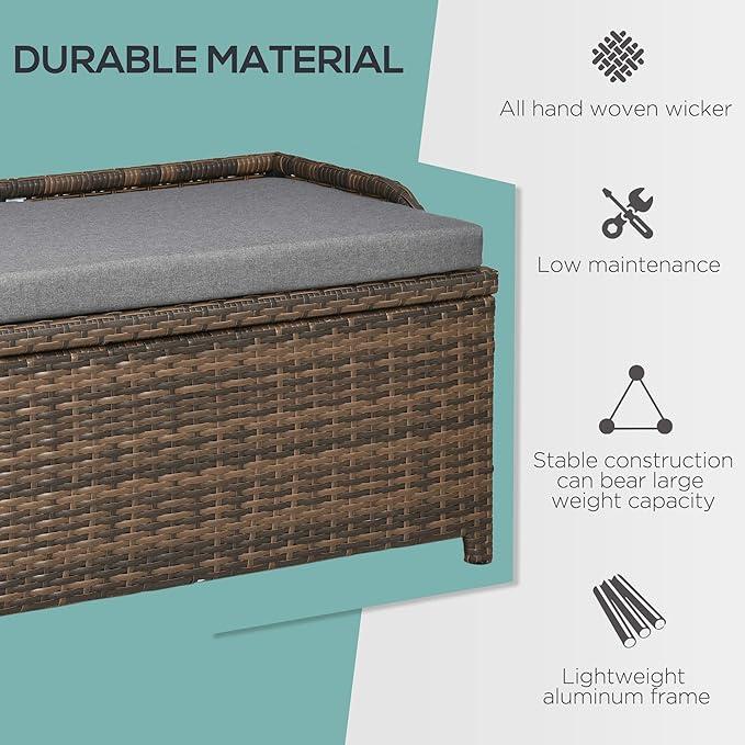 Outsunny 38 Gallon Outdoor Wicker Storage Bench Deck Box, PE Rattan Patio Furniture Pool Storage Bin Container with Interior Waterproof Cloth Bag and Comfortable Cushion, Cream White
