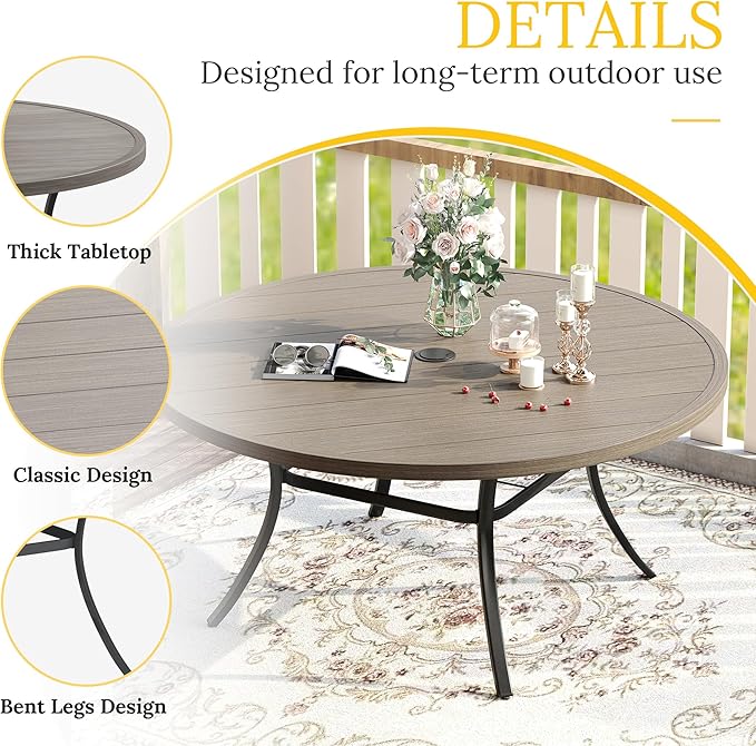 VICLLAX 50" Outdoor Round Patio Table with Umbrella Hole, All Weather Metal Round Outdoor Dining Table for Lawn Garden, 6-8 Person Table, Grey Wood Grain
