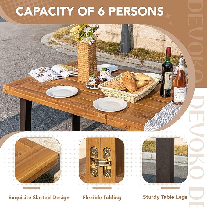 Devoko Home Acacia Wood Dining Table 6-Person Indoor Outdoor Table with Iron Legs, Sandblast Finish, Natural Stained, Rustic Metal, 69 * 33 * 30 inch (Natural)