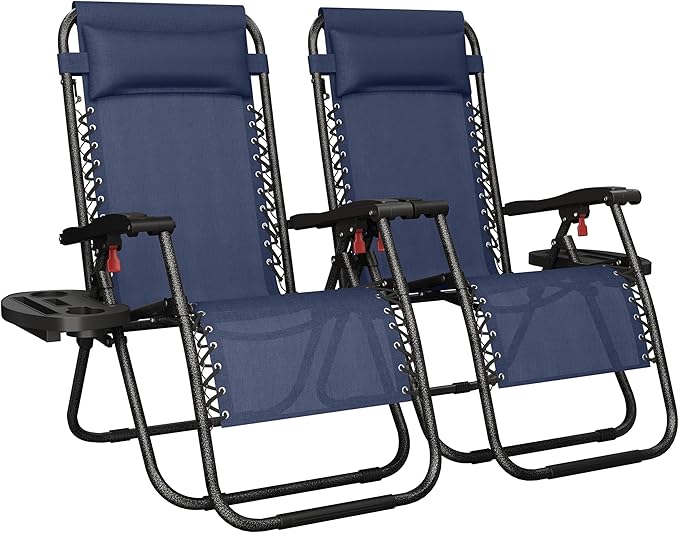 Yaheetech Zero Gravity Recliners Outdoor Adjustable Folding Reclining Lounge Chairs w/Pillows, Cup Holder Trays and Carry Strap for Patio Backyard Beach Navy Blue Set of 2