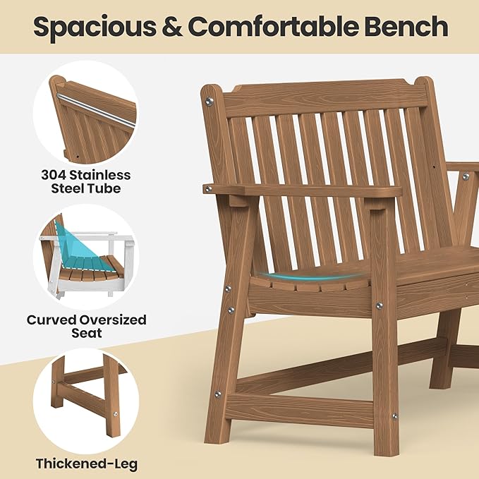 Ciokea 49" Heavy Duty Outdoor Bench, HDPE Weatherproof Porch Benches, Durable 2-Person Garden Benches with 660 Lbs, Waterproof Patio Bench for Outside Balcony Deck Backyard, Teak