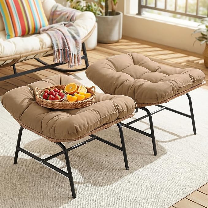 NICESOUL Indoor Outdoor Ottoman Set of 2, Large Wide Double Patio Footstool, PE Rattan Thicken Cushioned Footrest, All-Weather Wicker Furniture for Balcony, Porch, Living Room, Egg Chair, Brown