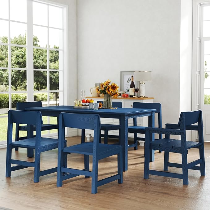 7 Piece Outdoor Dining Table Set HIPS Patio Dining Sets with Umbrella Hole Outdoor Furniture for 6 All Weather Patio Furniture Set for Outside Deck Backyard Poolside Garden, Deep Blue