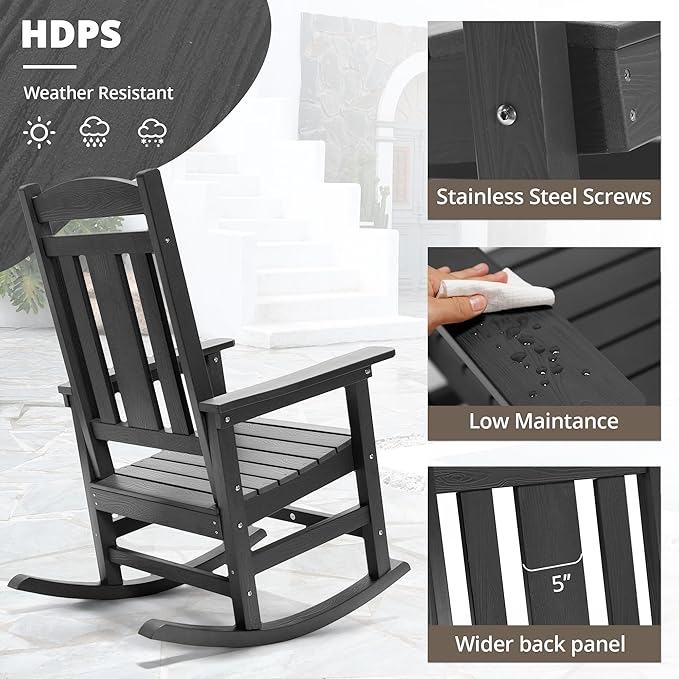 LUE BONA Outdoor Rocking Chairs Set, 3-Piece, HDPS Poly Porch Rockers with Table, Plastic Weather Resistant Rocking Chair Set for Outdoor Indoor, Garden, Backyard, 350lb, Gray Chairs+Table