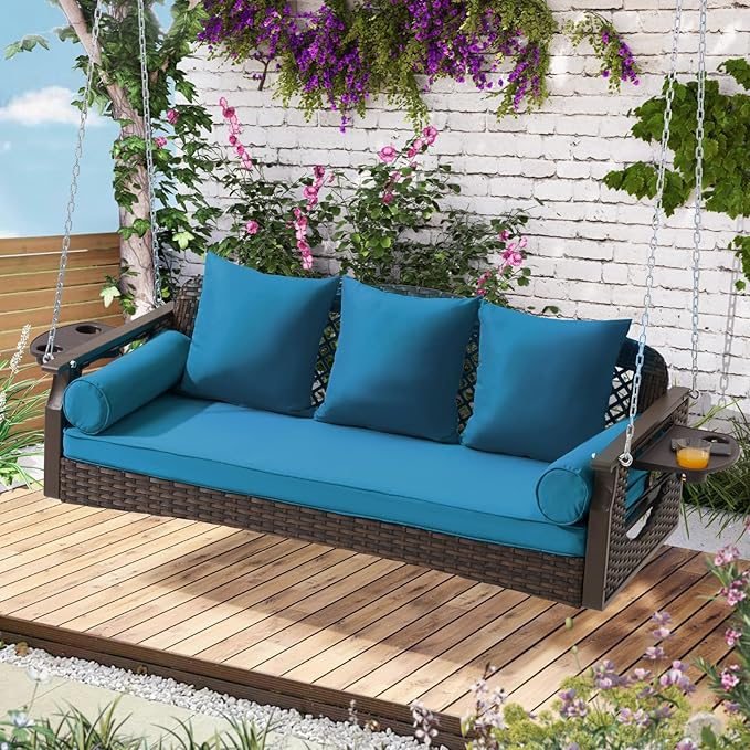 3 Seat Porch Swing, Wicker Patio Swing with Cup Holders & 3 Back Cushions, Yard Swing with Chains for Deck Garden Backyard,Brown Rattan, Peacock Blue Cushion, 56-inch