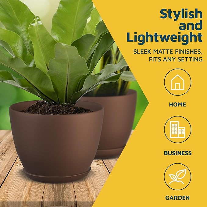 Planter Pots with Drainage Holes - Lightweight, Durable & Space-Saving Pots for Indoor and Outdoor - Versatile Functionality, Simple Modern Design, Set of 5 Plastic Planter Pots - Brown