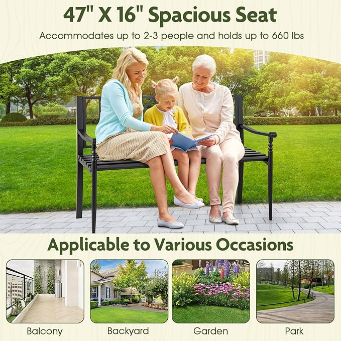 Giantex Metal Outdoor Bench with Backrest, Curved Armrests, Non-Slip Foot Pads, Slatted Seat for 2-3 Persons, Load 660lbs, Loveseat, Patio Bench for Garden, Yard, Poolside, Lawn, Porch, Park, Black