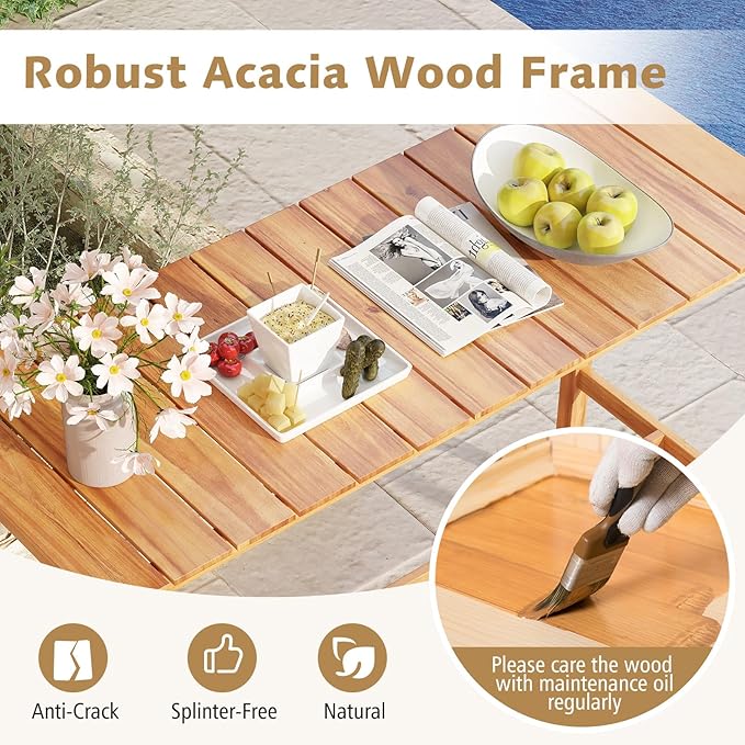 Tangkula Patio Bar Table, 54” x 22” Acacia Wood Counter Height Table with Slatted Tabletop & Footrest Crossbar, Rectangle High Top Table for Backyard, Poolside, Balcony
