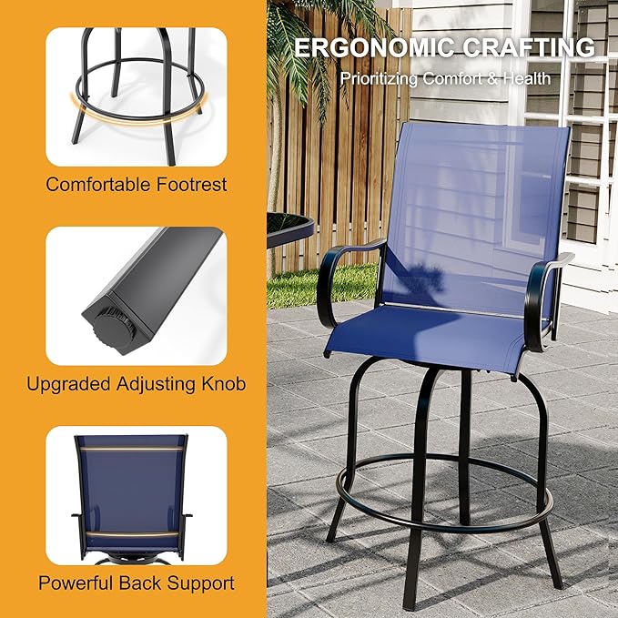 5 Piece Outdoor High Top Bar Set, 5 Pieces Outdoor Swivel Bar Set with 4 Swivel Chairs and Glass Top Table, All Weather Textile Fabric Outdoor Bar Height Chairs and Table Set of 5 for Deck, Backyard