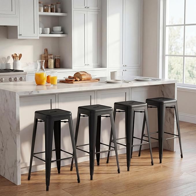 Shahoo 30 Inches Metal Bar Stools Counter Height Stackable Backless Stools, Industrial Patio Stools Indoor Outdoor Metal Kitchen Stools Set of 4 (Black, 30'')