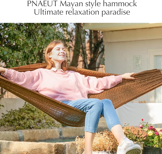 PNAEUT Handwoven Mayan Hammock, Thick Soft Rope Double Hammock for Outdoor Outside & Indoor, 600 lbs Capacity Heavy-Duty, Includes Tree Straps, Carabiners & Carrying Bag (Desert, X-Large)