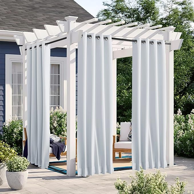 NICETOWN 2 Panels Outdoor Curtains for Patio Waterproof Grommet & Back Tab on Top and Bottom, Windproof Privacy Sound & Light Reducing for Cabana with Fixed Rope, W46 x L72, Greyish White