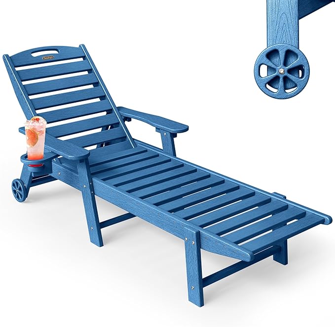 Chaise Lounge Outdoor, Lounge Chair Outdoor with Wood Texture, Adjustable 5-Position Backrest, HDPE Lounge Chair with Wheels & Cup Holder for Pool Deck Backyard,Navy Blue