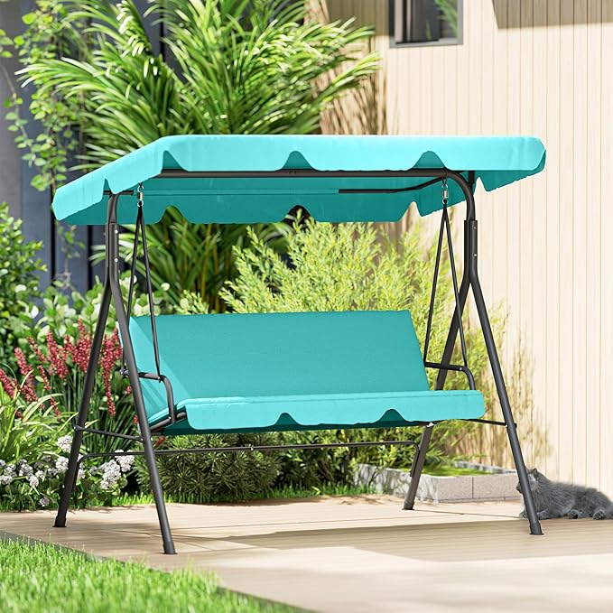 Outsunny 3-Seat Outdoor Patio Swing Chair with Removable Cushion, Steel Frame Stand and Adjustable Tilt Canopy for Patio, Garden, Poolside, Balcony, Backyard, Green