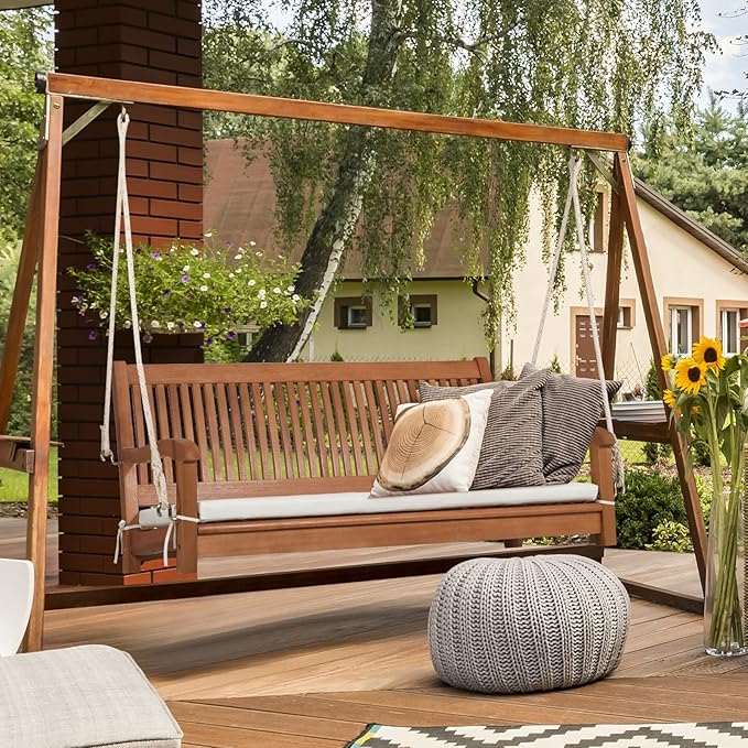Tangkula 2 Person Hanging Porch Swing, Outdoor Bench Swing with Hanging Ropes, High Back, Cozy Armrests, Heavy Duty 800Lbs Wooden Hanging Swing Chair with Cushion for Backyard, Deck, Garden Natural