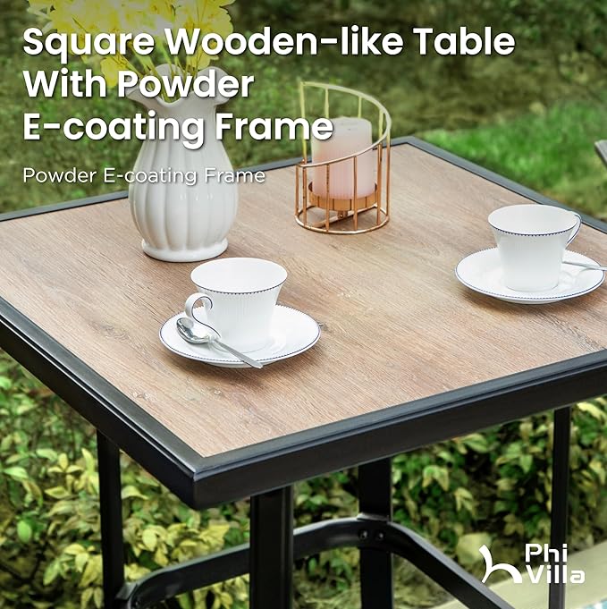 PHI VILLA Outdoor Bar Set with 4 Swivel Bar Height Patio Chairs, Wooden-Like Patio Bar Table and Chairs Furniture Set with Brown Padded Textilene Fabric for Outside, Garden and Deck
