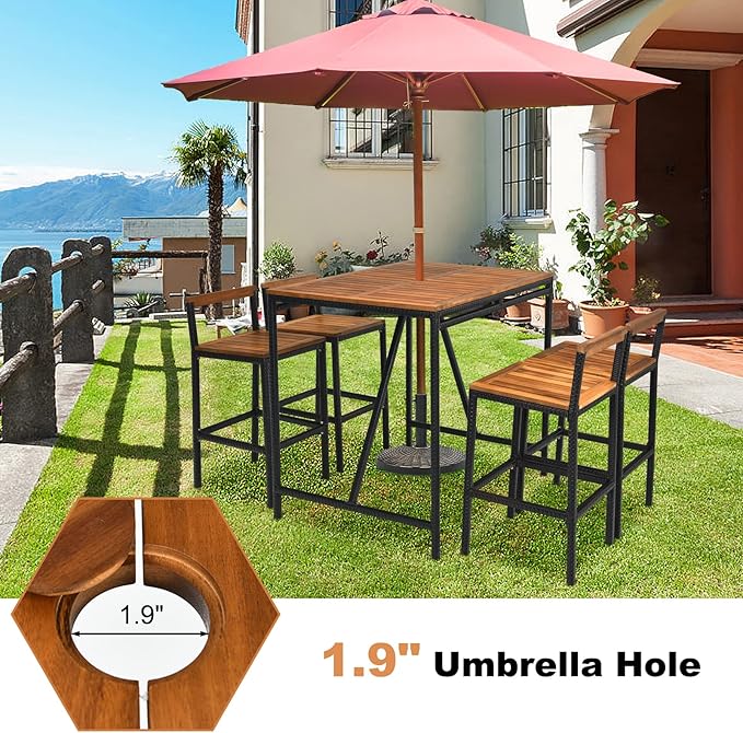 HAPPYGRILL 5 Pieces Patio Bar Table Set with Umbrella Hole Acacia Wood High-Dining Bistro Set with 4 Bar Stool, PE Wicker Outdoor Bar Set