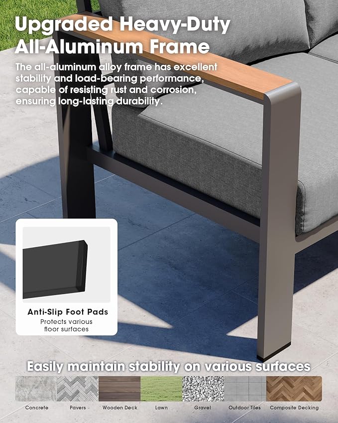Aluminum Outdoor Patio Furniture 3 Seats, All-Weather Outdoor Patio Sofa with Washable Thick Cushion, Morden Patio Couch for Porch, Balcony, Deck, Yard, Gray