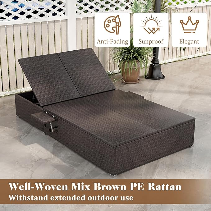 Tangkula Outdoor Rattan Daybed with 6-Level Adjustable Backrests, 2-Person Adjustable Wicker Recliner Bed with Cushions & Folding Side Trays, Double Sunbed Lounger for Balcony, Backyard & Poolside