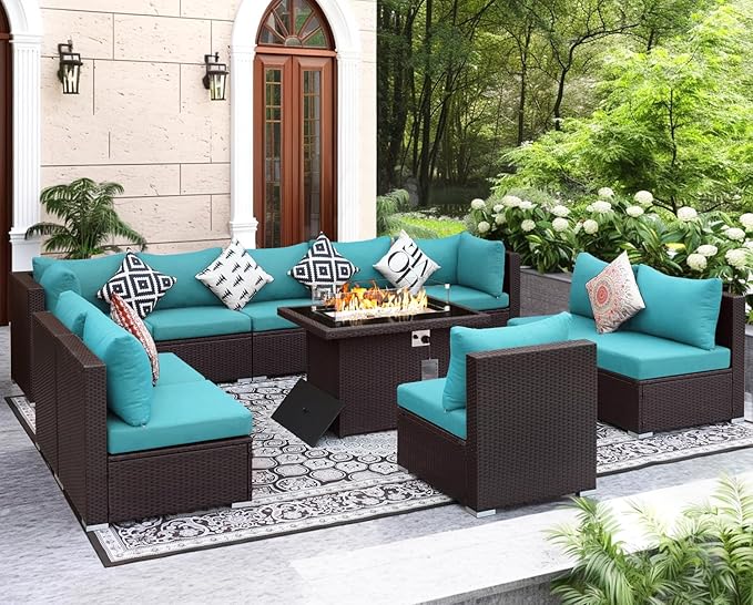 NICESOUL Modern Outdoor Couches with Firepit Table Propane/Natural Gas, 29.3'' High Back Comfy Conversation Set with Fireplace, 10 Seater Large Wide Patio Furniture Set, Brown Rattan and Teal Cushion