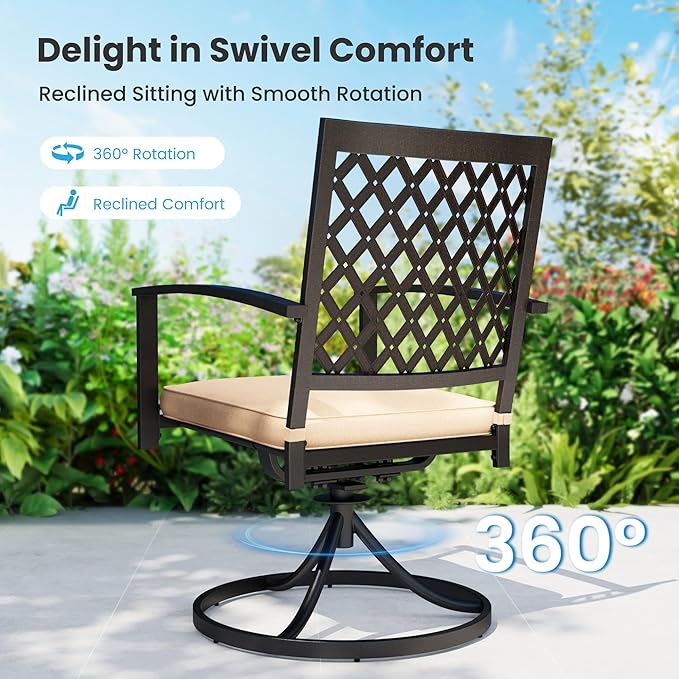 PHI VILLA 9 Pieces Outdoor Dining Set for 8, 83" Rectangle Metal Steel Table with Umbrella Hole & Swivel Wrought Iron Chairs with Cushions, Outside Furniture Set for Patio, Deck, Yard, Porch