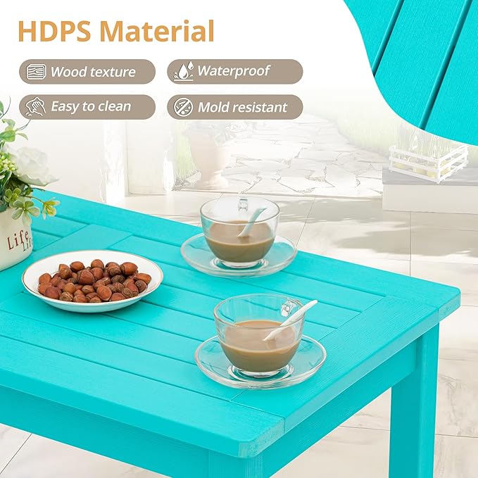 LUE BONA Outdoor Coffee Table Rectangle, 42.5" HDPS Patio Coffee Tables for Outside, All Weather Patio Coffee Table with Slatted Tabletop for Deck, Garden, Balcony, Indoor or Outdoor Use, Aruba Blue