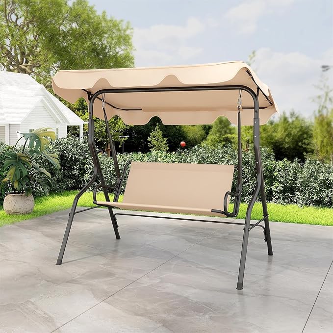 Porch Swing Outdoor, 3 Person Patio Swing w/Removable Cushion, Stand & Adjustable Canopy, Heavy Duty Swing Chair for Patio, Garden, Courtyard, Poolside