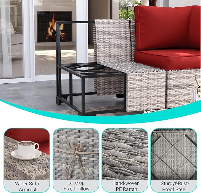 9-Piece Outdoor Patio Furniture Set with Rocking Swivel Chair Wicker Sectional Sofa Set, Patio Conversation Set with Thickened Cushions & Coffee Table for Garden, Backyard, Red