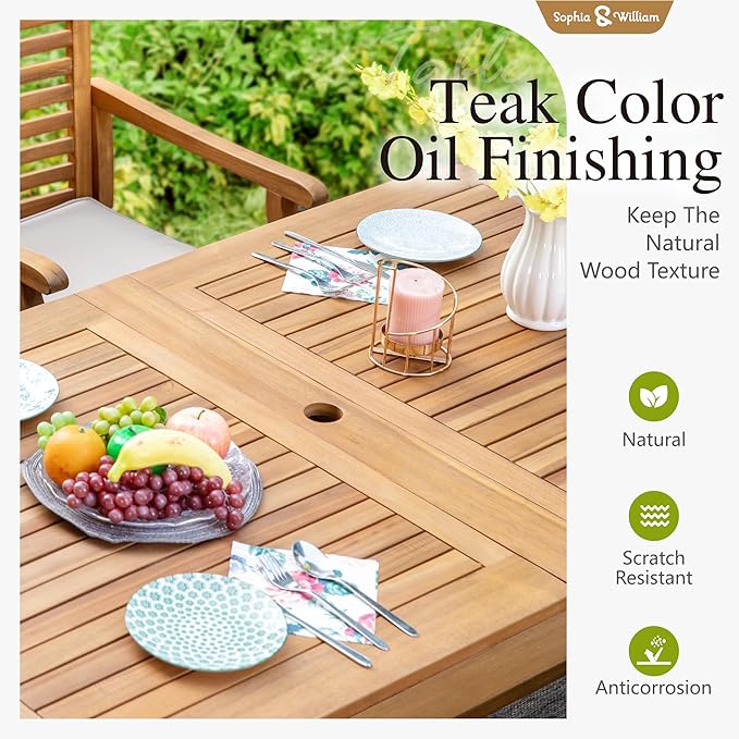 Sophia & William Patio Outdoor Table and Chairs Set, Patio Dining Sets for 6-8, 7 Pieces Patio Table Set for Backyard Deck Porch Outside, Acacia Wood Table Expandable with 1.97" Hole
