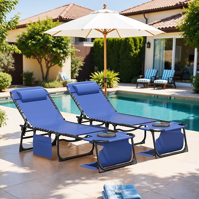 Devoko Beach Lounge Chair, Outdoor Sun Tanning Chair with Face Hole, Heavy Duty Folding Portable Lay Chaise Lounge Chairs for Outside Beach Pool Camping Patio, Blue