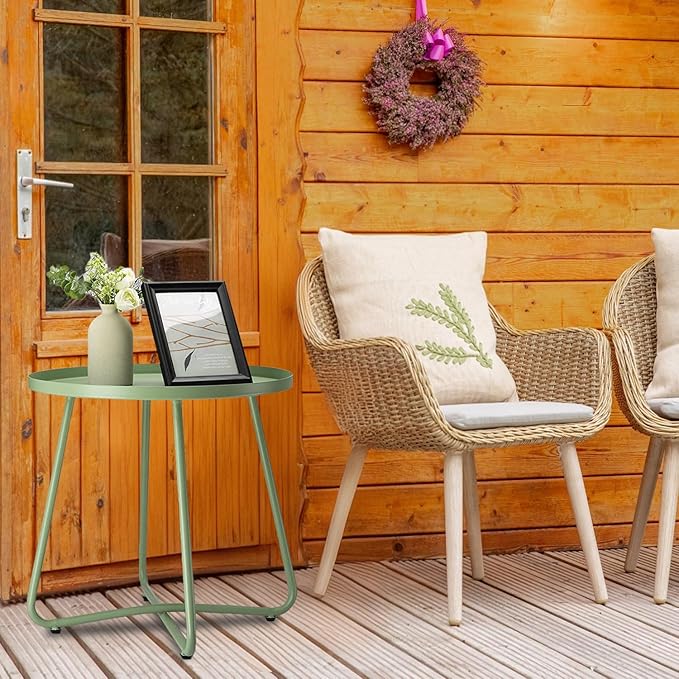 danpinera Outdoor Side Tables, Weather Resistant Steel Patio Side Table, Small Round Outdoor End Table Metal Side Table for Patio Yard Balcony Garden Bedside Green, Set of 2