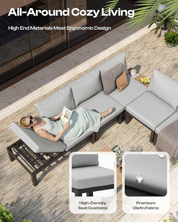Aluminum Outdoor Patio Sofa Set, 2 Seats Modular Sectional Single Seat Sofa Chairs with Removable Cushions, All-Weather Outdoor Conversation Sets for Garden & Yard, Gray