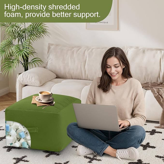 MeMoreCool Square Stuffed Pouf Ottoman Foot Rest, Floor Pouf Foot Stool with Foam Chunk Filling, Soft Stuffed Ottoman Footrest for Living Room, Green