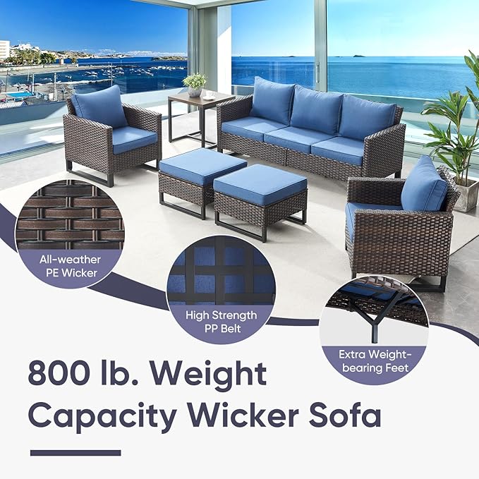 Belord 7 Pieces Patio Furniture Set with Fire Pit Table: Wicker Patio Conversation Set with Outdoor Swivel Glider Rocker Patio Couch Metal Side Table, All Weather Grey Rattan