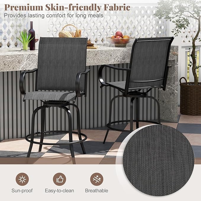 Giantex Set of 2 Swivel Outdoor Bar Stools, All-Weather Bar Height Patio Chairs, 330LBS Capacity, 360 Rotating Outside Bar Chairs with High Back Armrests, for Porch Yard Lawn Garden Pool (Black)