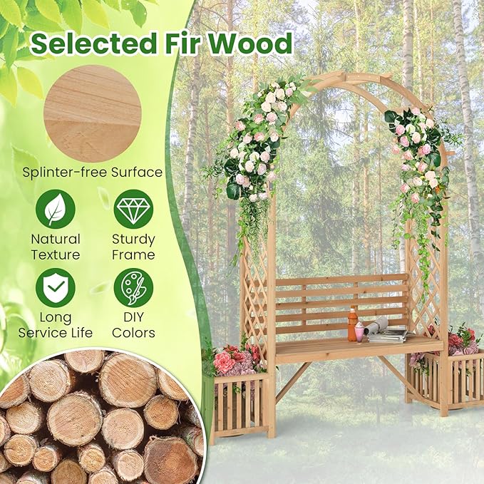 Giantex Outdoor Bench with Garden Arch & Planters, Wooden Pergola Archway, Outdoor Trellis for Climbing Plants, Patio Decorative Arbor Arch for Backyard Lawn (Arched,Natural,73"x22"x80")